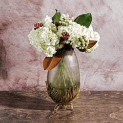 Pair of Medium Contemporary Gold Metal & Frosted Glass Palm Vase
