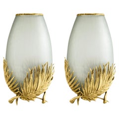 Pair of Medium Contemporary Gold Metal & Frosted Glass Palm Vase