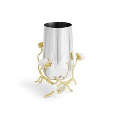 Pair of Medium Contemporary Silver and Gold Metal Ginkgo Vase