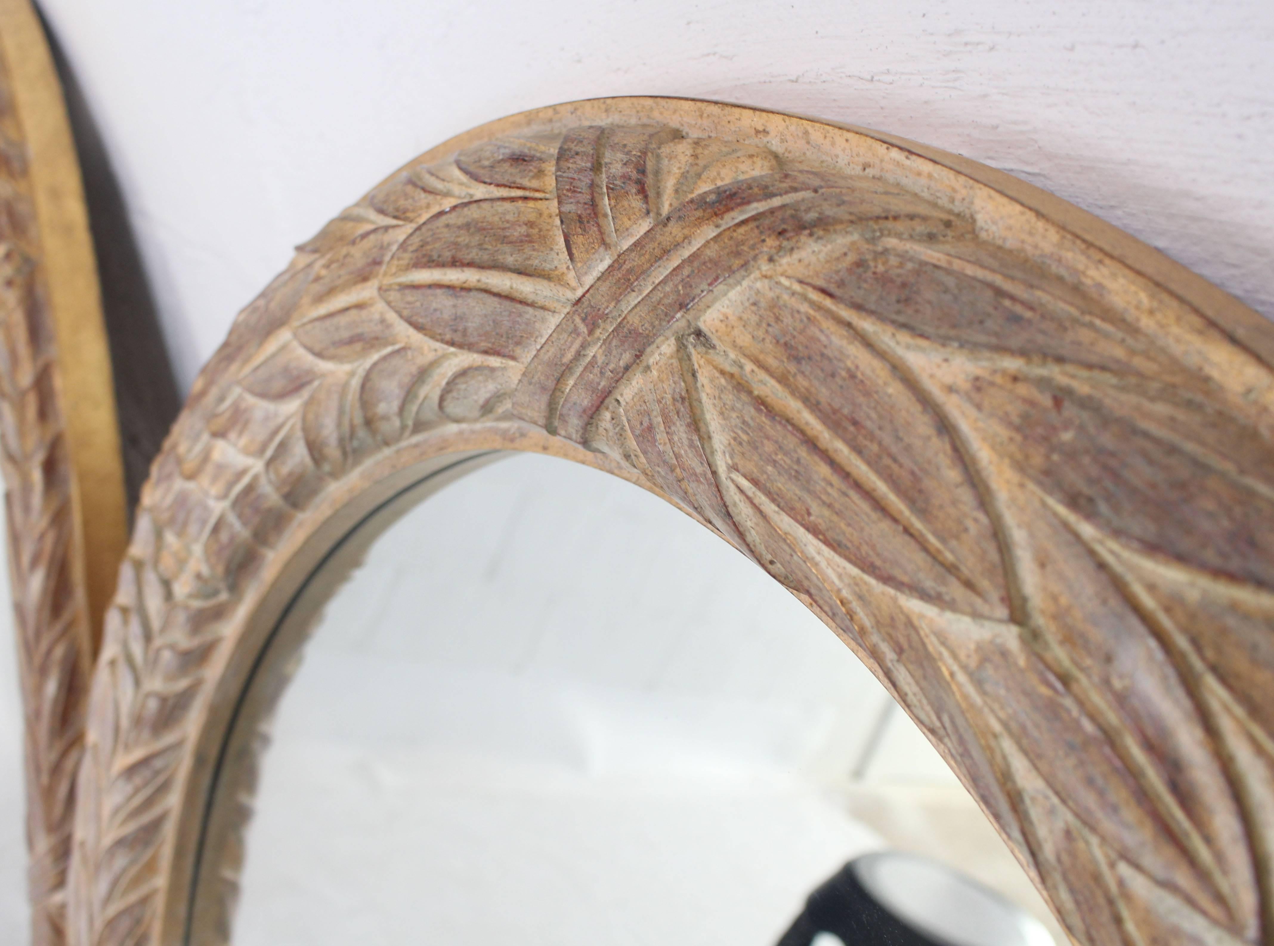 Mid-Century Modern Pair of Medium Large Oval Gold Gild Leaf Pattern Frame Mirrors For Sale