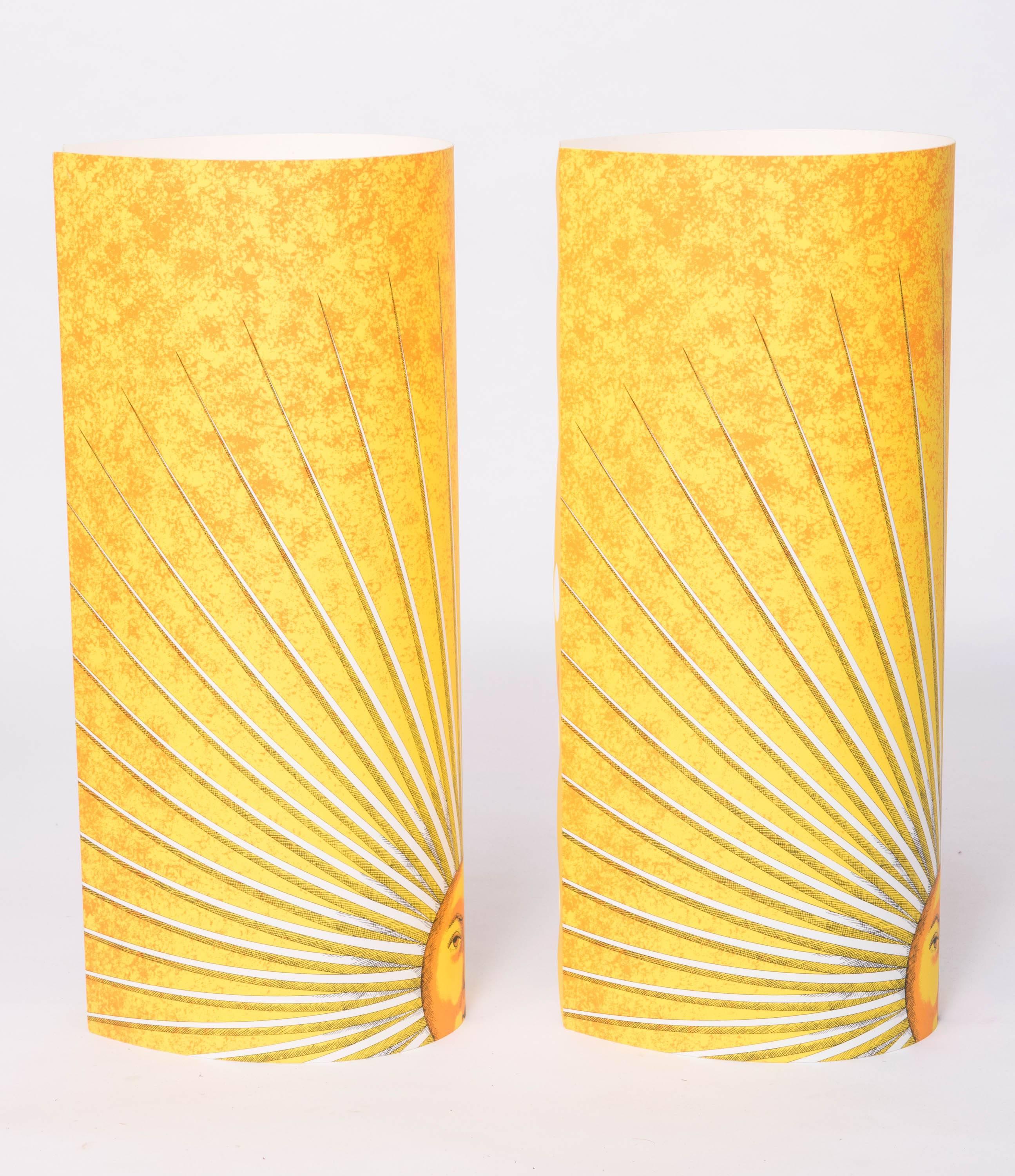 A pair of medium size table lamps by Barnaba Fornasetti
“Sole”
Printed and colored Perspex
Made by Fornasetti and Antonangeli Iluminazione. Paderno Dugano.
Italy, 1995
Measures: 60 cm high x 25 cm wide x 27 cm deep.
 