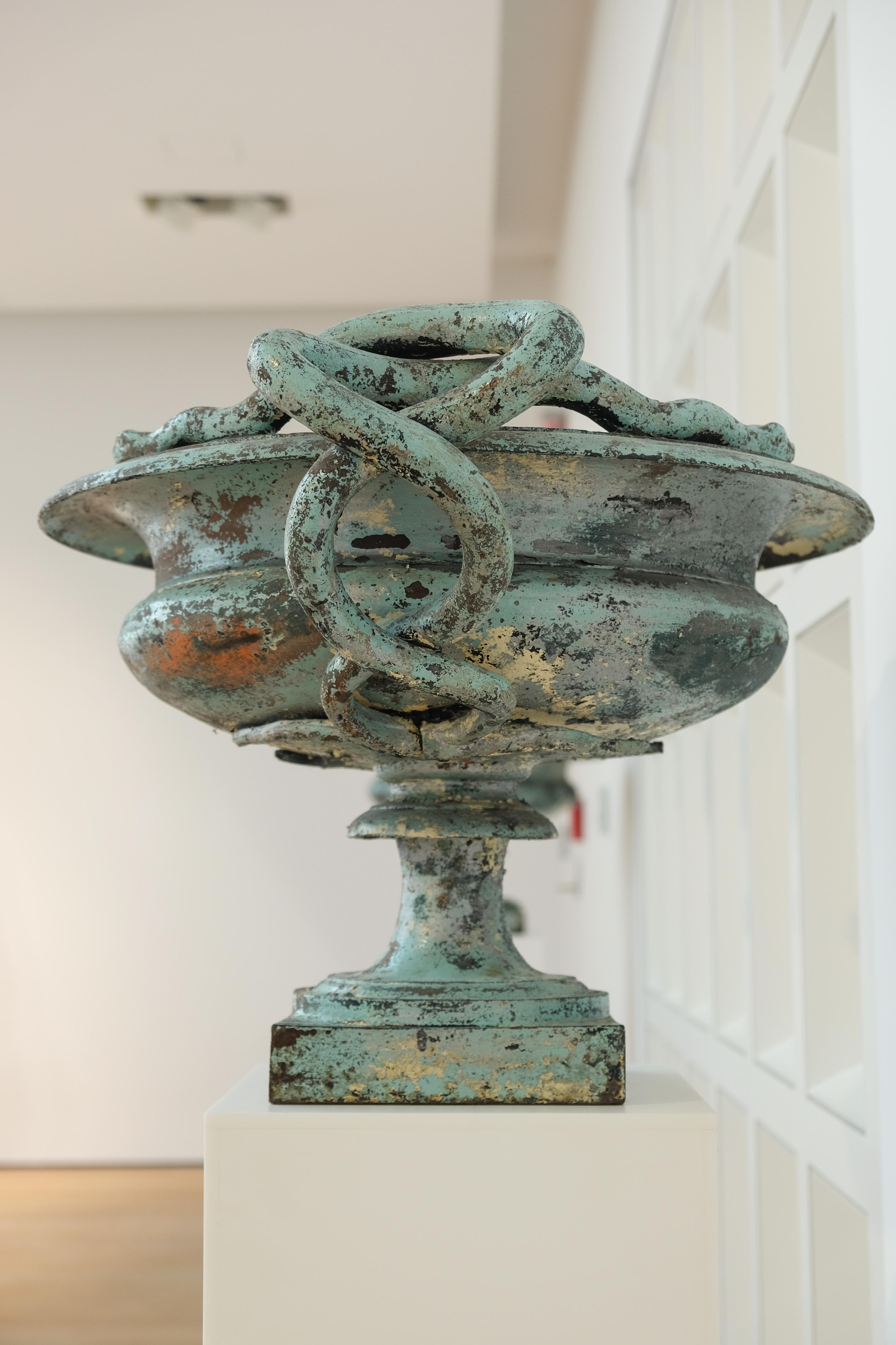 Neoclassical Pair of Medium Val d'Osne Cast Iron Snake Urns with Robin's Egg Blue Paint For Sale