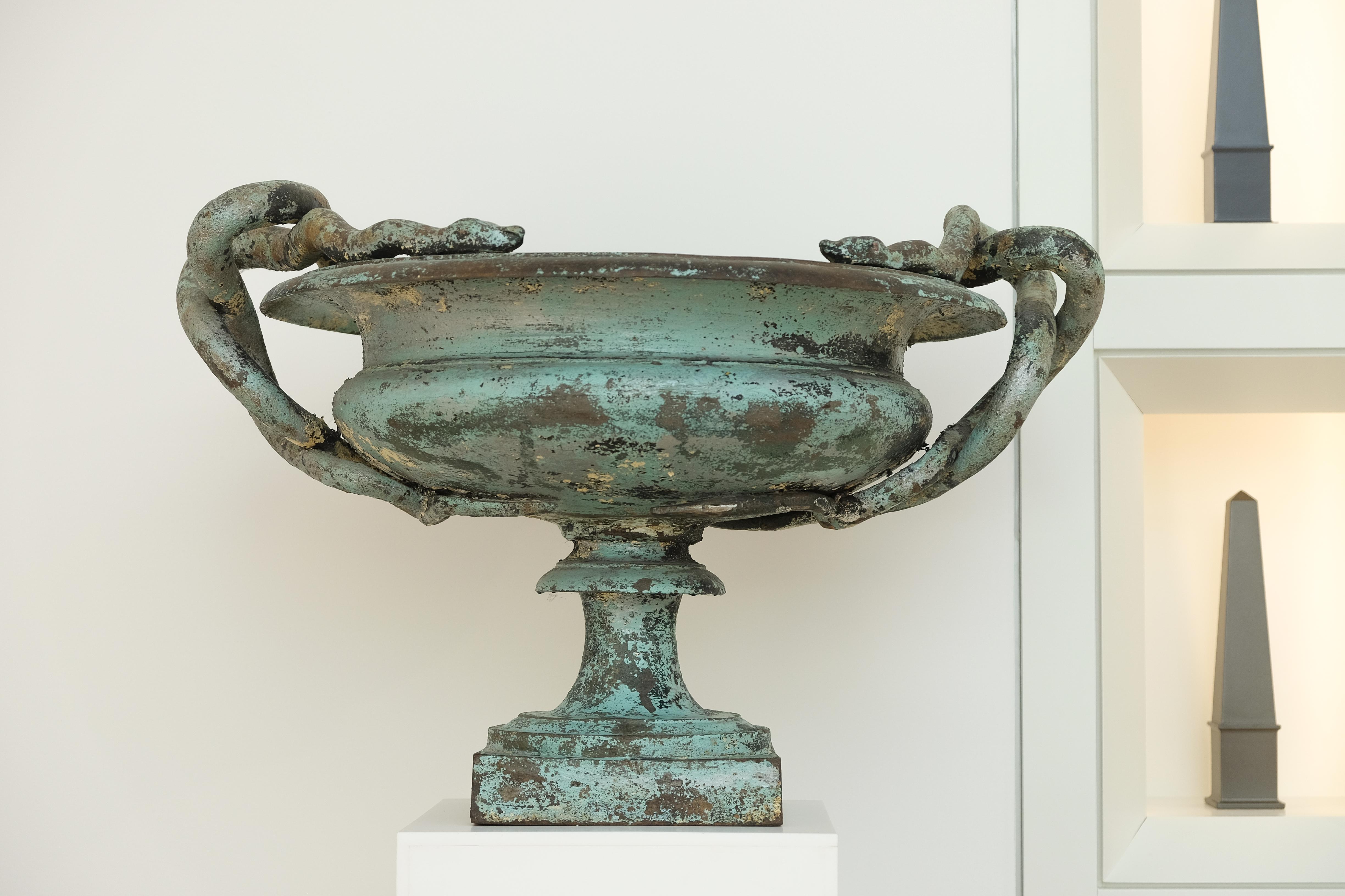 Pair of Medium Val d'Osne Cast Iron Snake Urns with Robin's Egg Blue Paint In Good Condition For Sale In  Richmond, VA