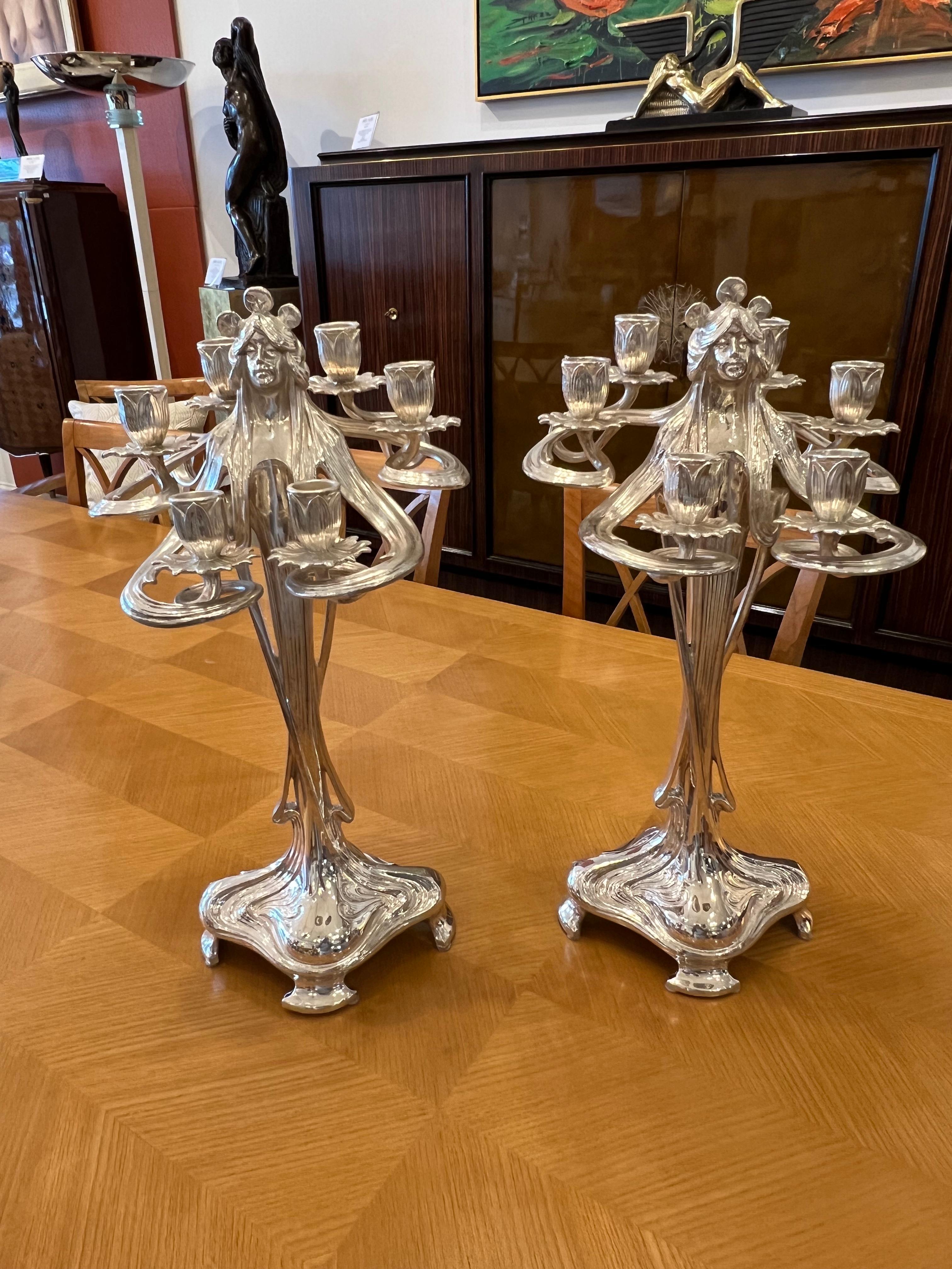 Pair of Medusa Art Nouveau Candelabras In Good Condition For Sale In Miami, FL