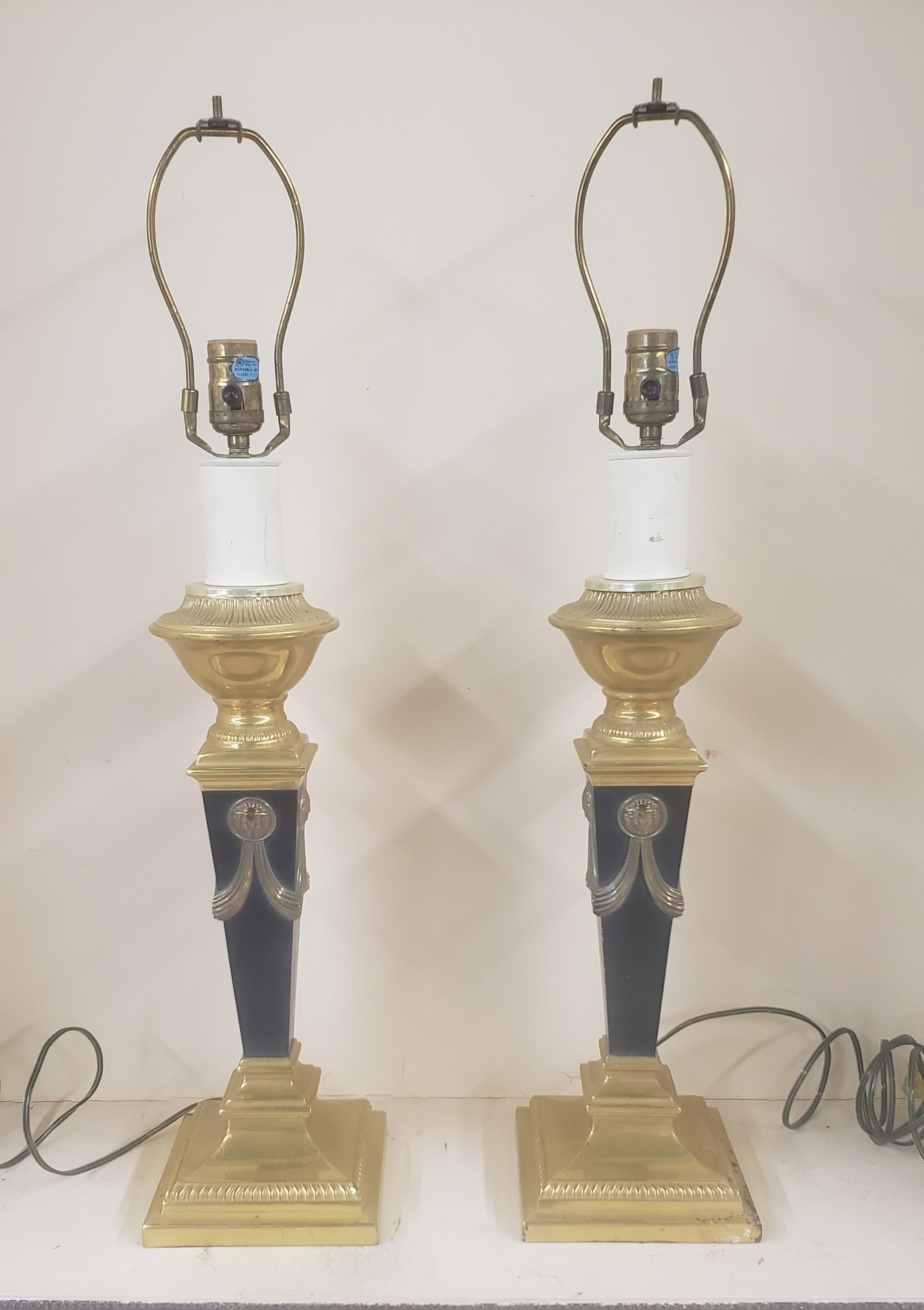 American Empire Pair of Medusa Empire Style Ebonized & Enameled Brass Finished Table Lamps