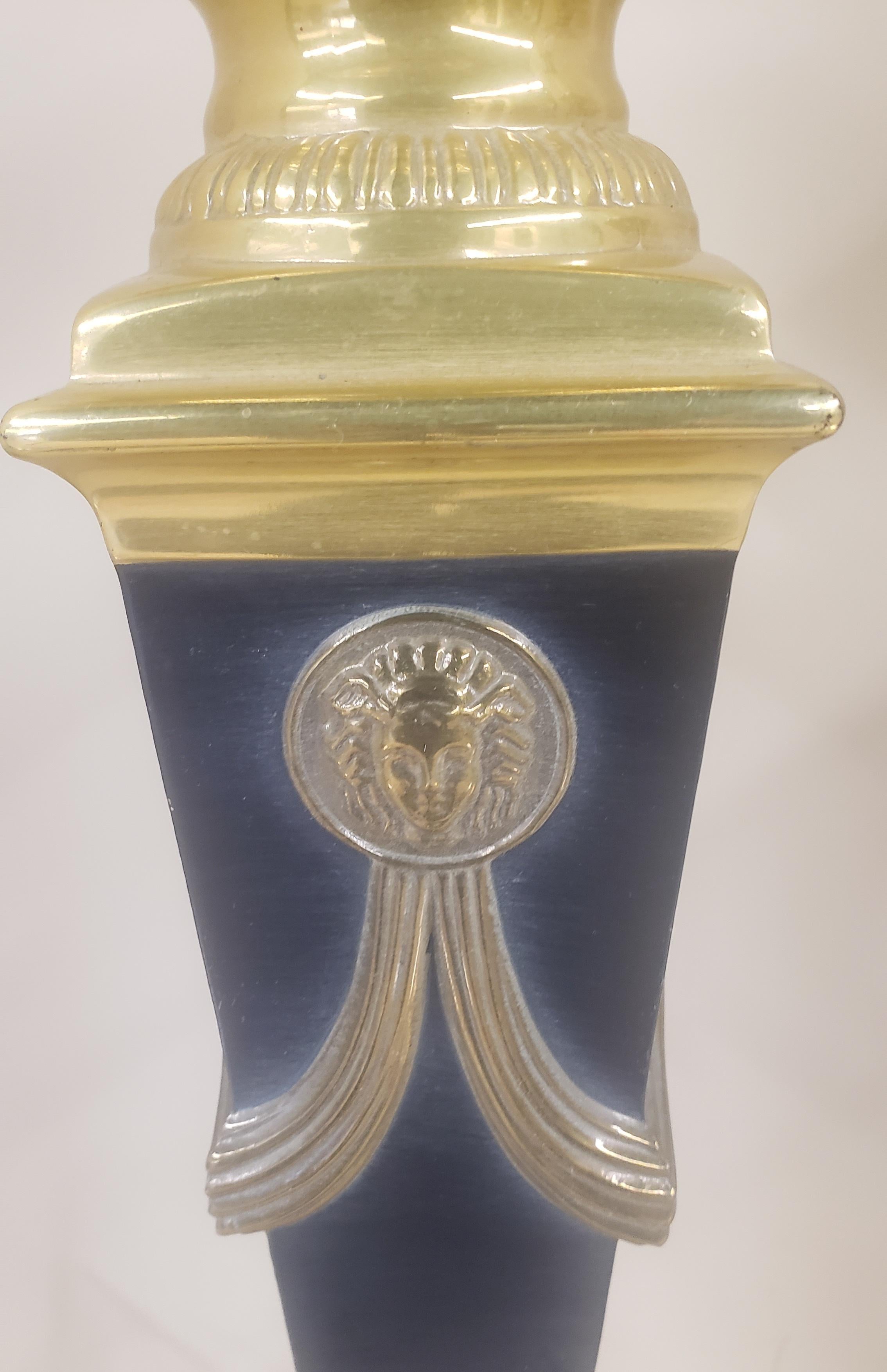 Metalwork Pair of Medusa Empire Style Ebonized & Enameled Brass Finished Table Lamps