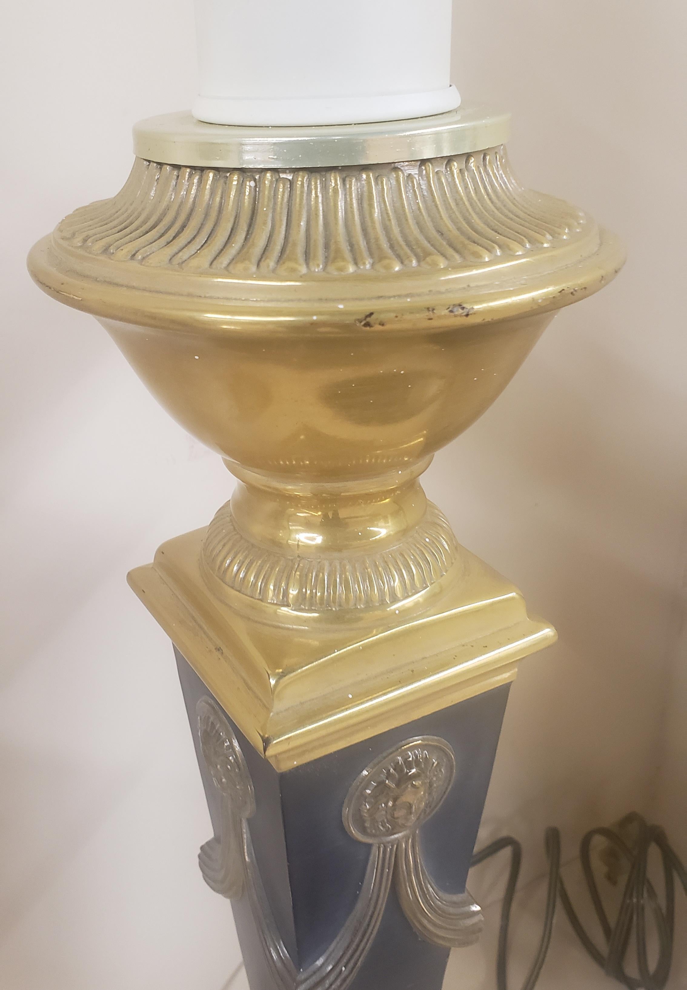 20th Century Pair of Medusa Empire Style Ebonized & Enameled Brass Finished Table Lamps