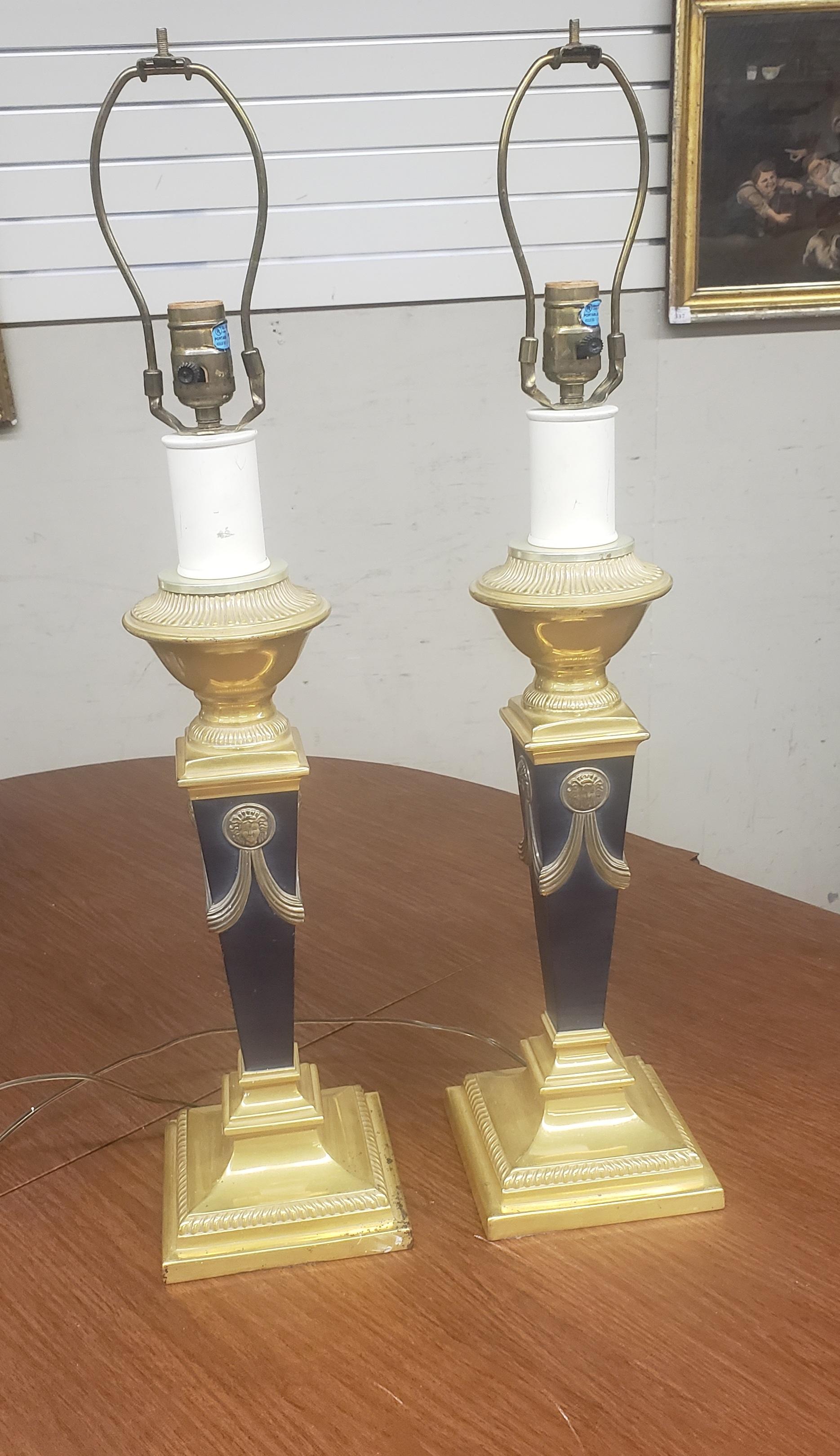 Pair of Medusa Empire Style Ebonized & Enameled Brass Finished Table Lamps 1