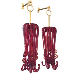 Pair of Medusa Sconces Red Murano Glass Gilt Metal, Italy, 1980s