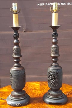 Pair of Meiji Japanese Bronze Candlesticks Table Lamps, Circa 1880s