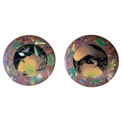 Pair of Meiji Japanese Cloisonne Enamel Plates Goto School Lotus and Insects