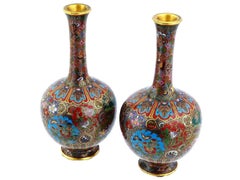 Pareja De Jarrones Japoneses Meiji De Esmalte Cloisonné Escuela De Kioto
