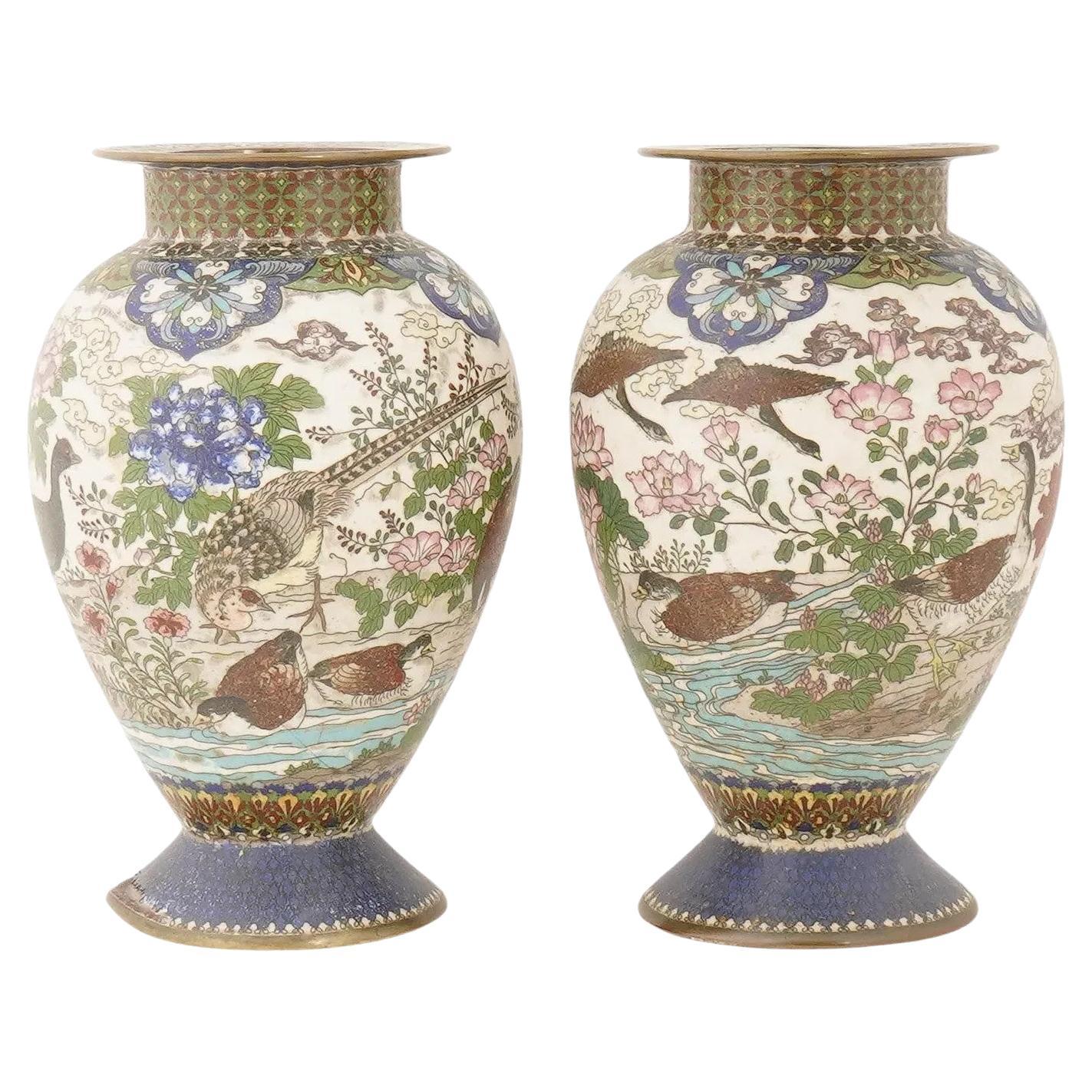 Pair Of Meiji Japanese Cloisonne Enamel Vases With Ducks And Floral Scenes For Sale