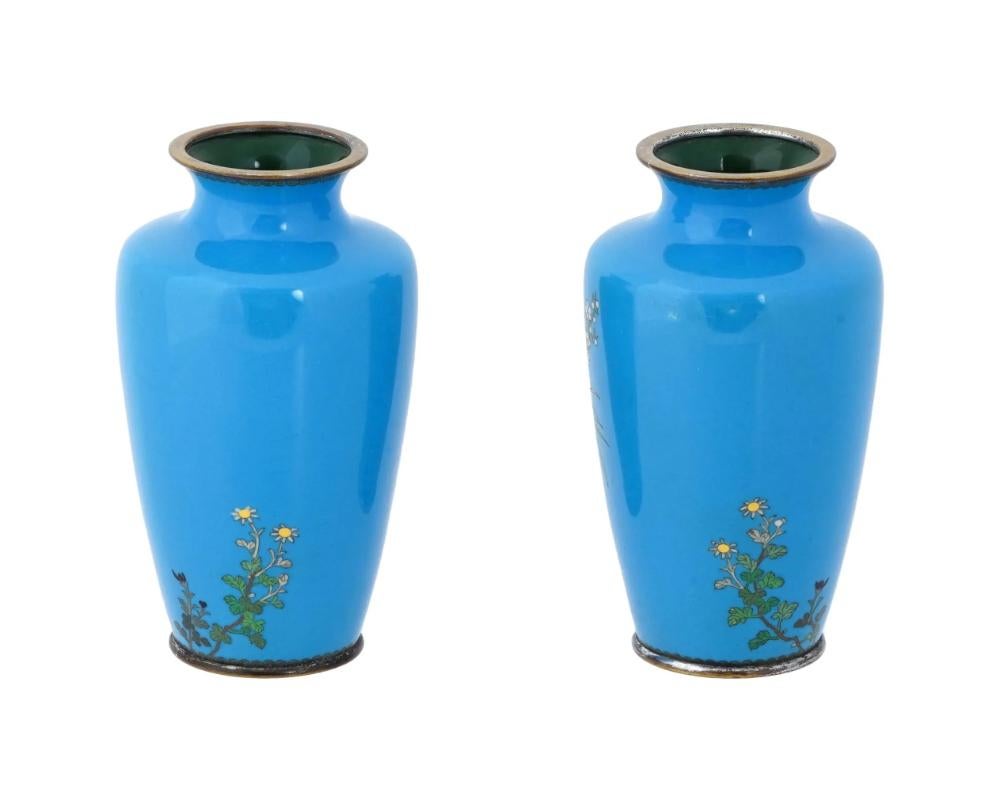 Pair of Meiji Japanese Cloisonne Turquoise Enamel Silver Birds In Bamboo Vases In Good Condition For Sale In New York, NY