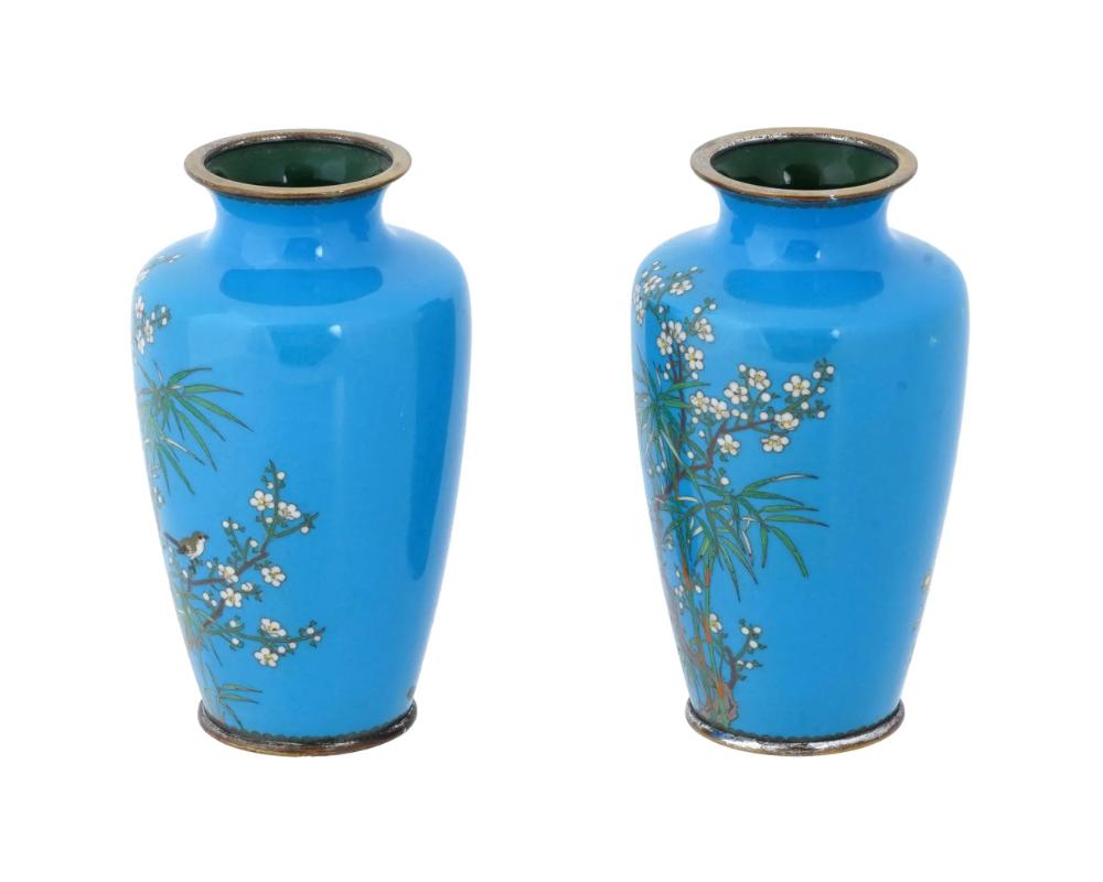 19th Century Pair of Meiji Japanese Cloisonne Turquoise Enamel Silver Birds In Bamboo Vases For Sale