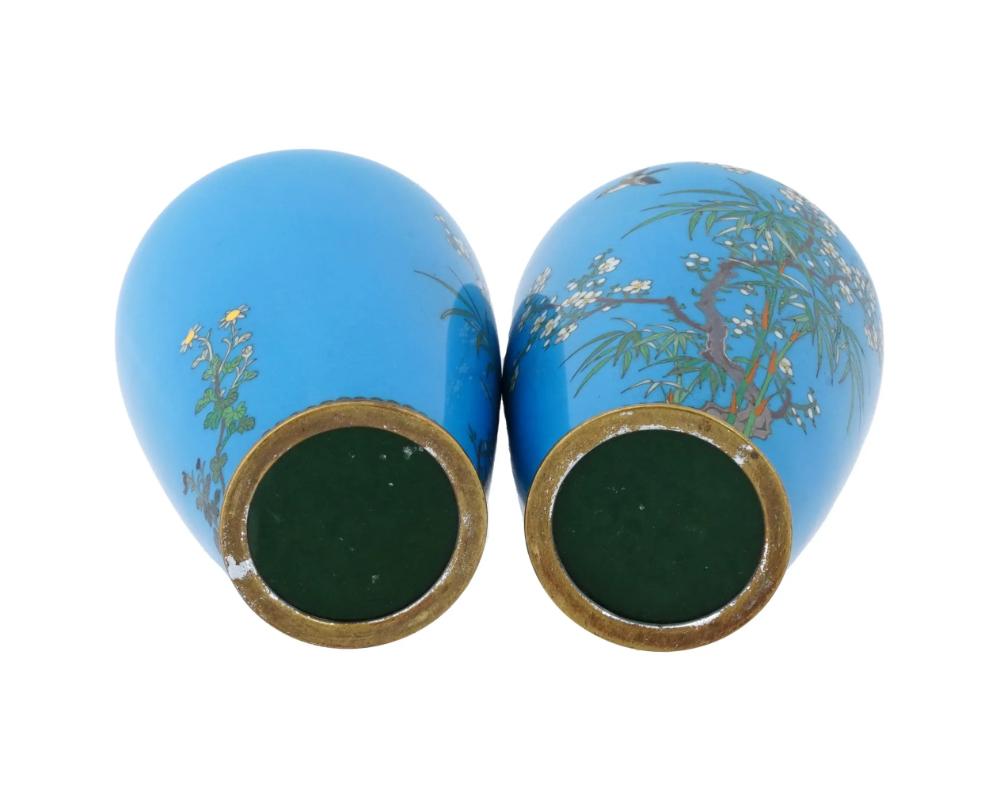 Pair of Meiji Japanese Cloisonne Turquoise Enamel Silver Birds In Bamboo Vases For Sale 2