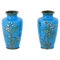 Pair of Meiji Japanese Cloisonne Turquoise Enamel Silver Birds In Bamboo Vases