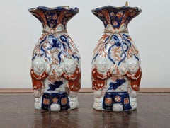 Pair of Meiji Japanese Imari Wall Pockets with Ribbon Bow and Children