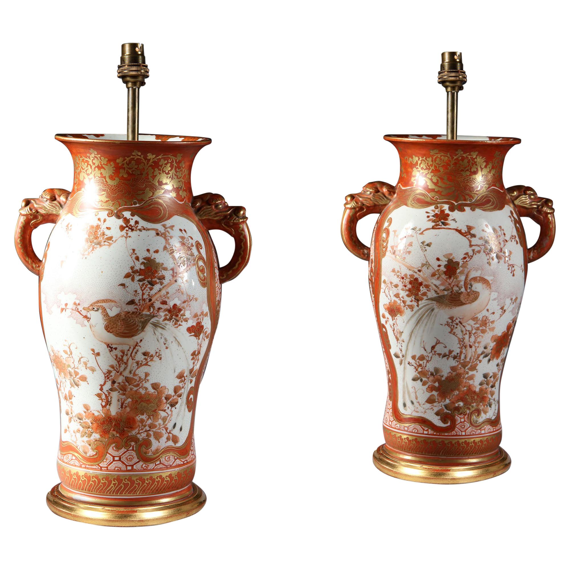 Pair of Meiji Japanese Satsuma Porcelain Lamps with Birds