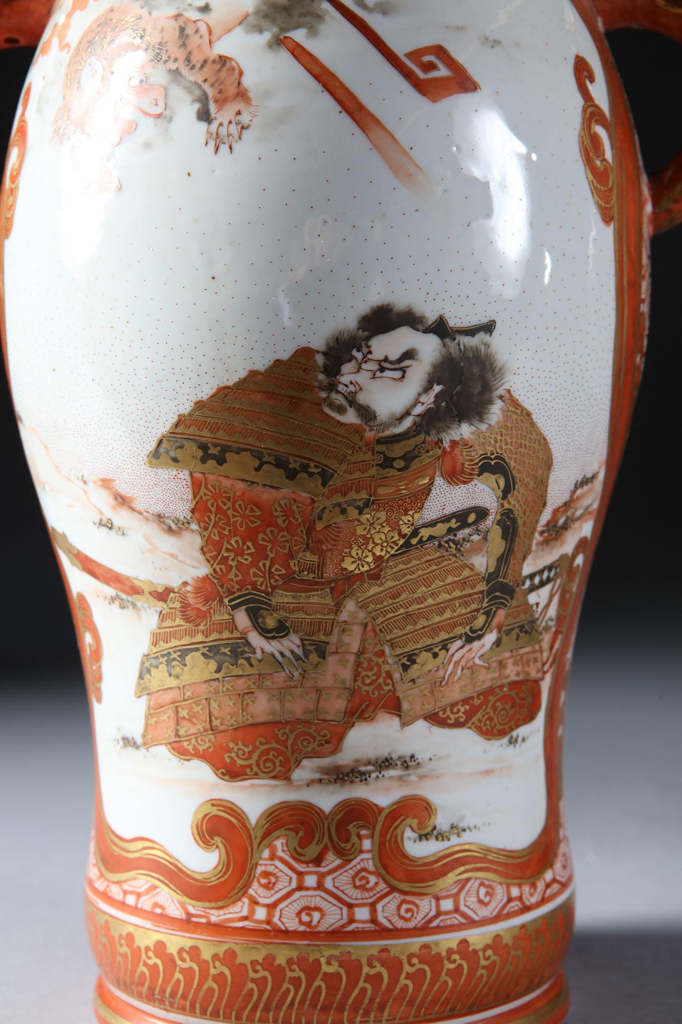 Pair of Meiji Japanese Satsuma Porcelain Lamps with Samurai 1