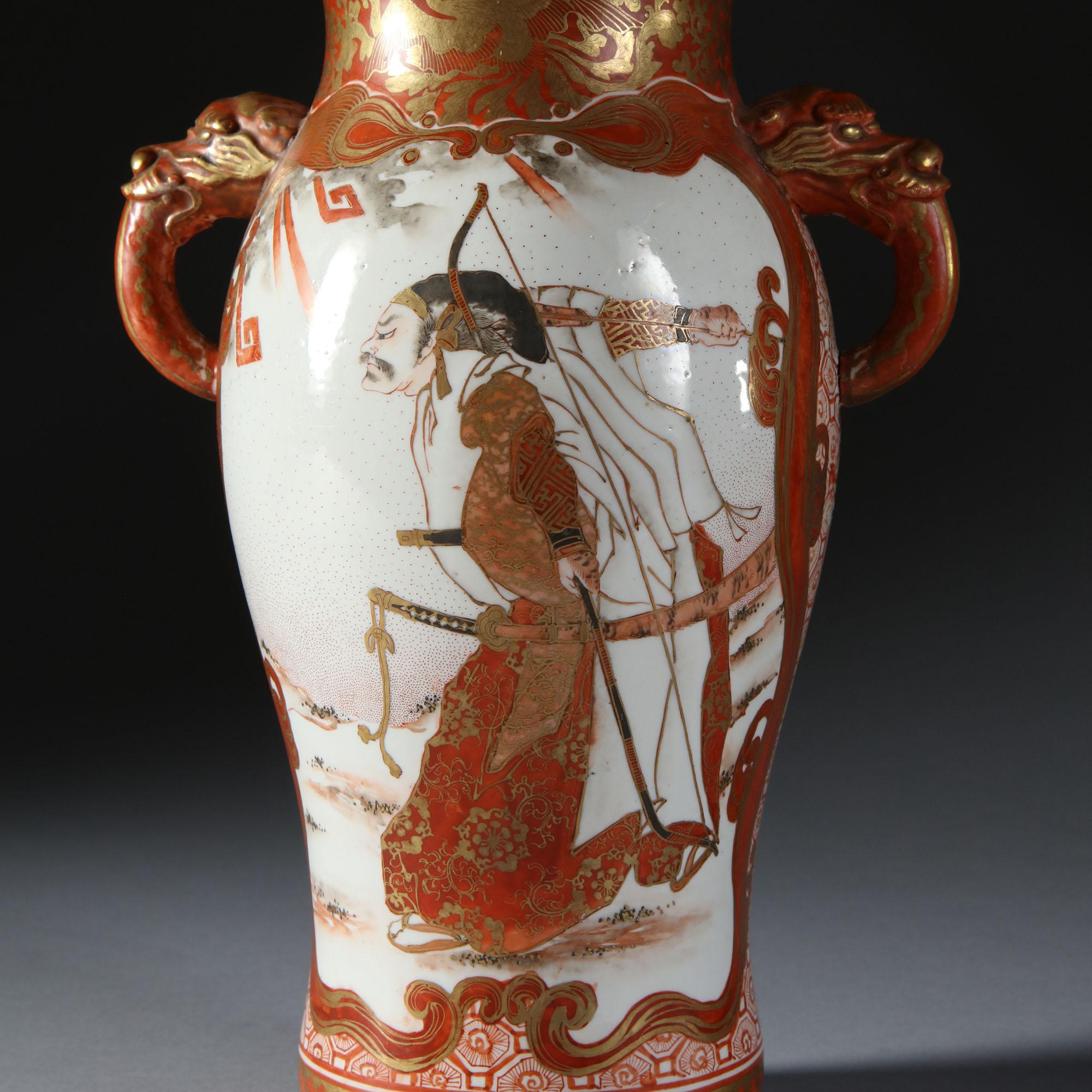 Pair of Meiji Japanese Satsuma Porcelain Lamps with Samurai 4