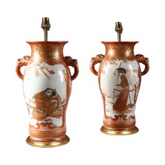 Antique Pair of Meiji Japanese Satsuma Porcelain Lamps with Samurai
