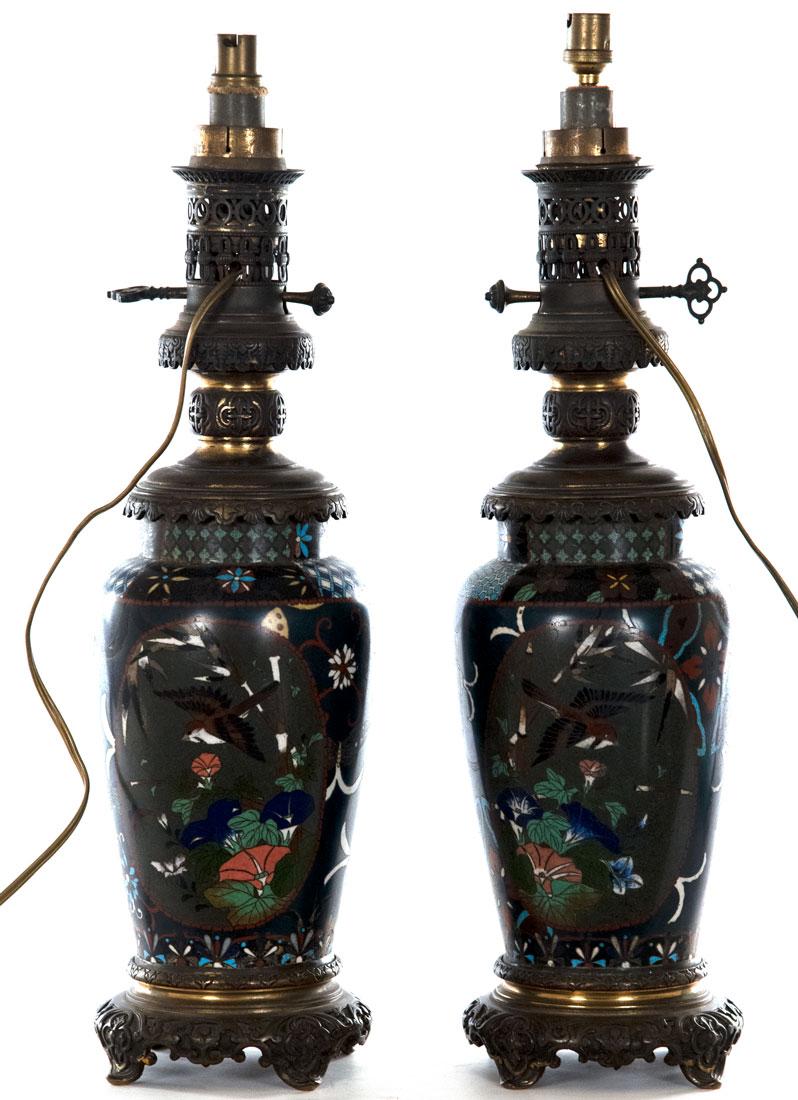 Two very fine enameled vases, each featuring large figures of scholars and geisha mounted with bronze and lamped for electrical use.

Measures: 22 x 6 x 6 in.