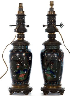 Pair of Meiji Lamped Champlevé Baluster Vases, circa 1885