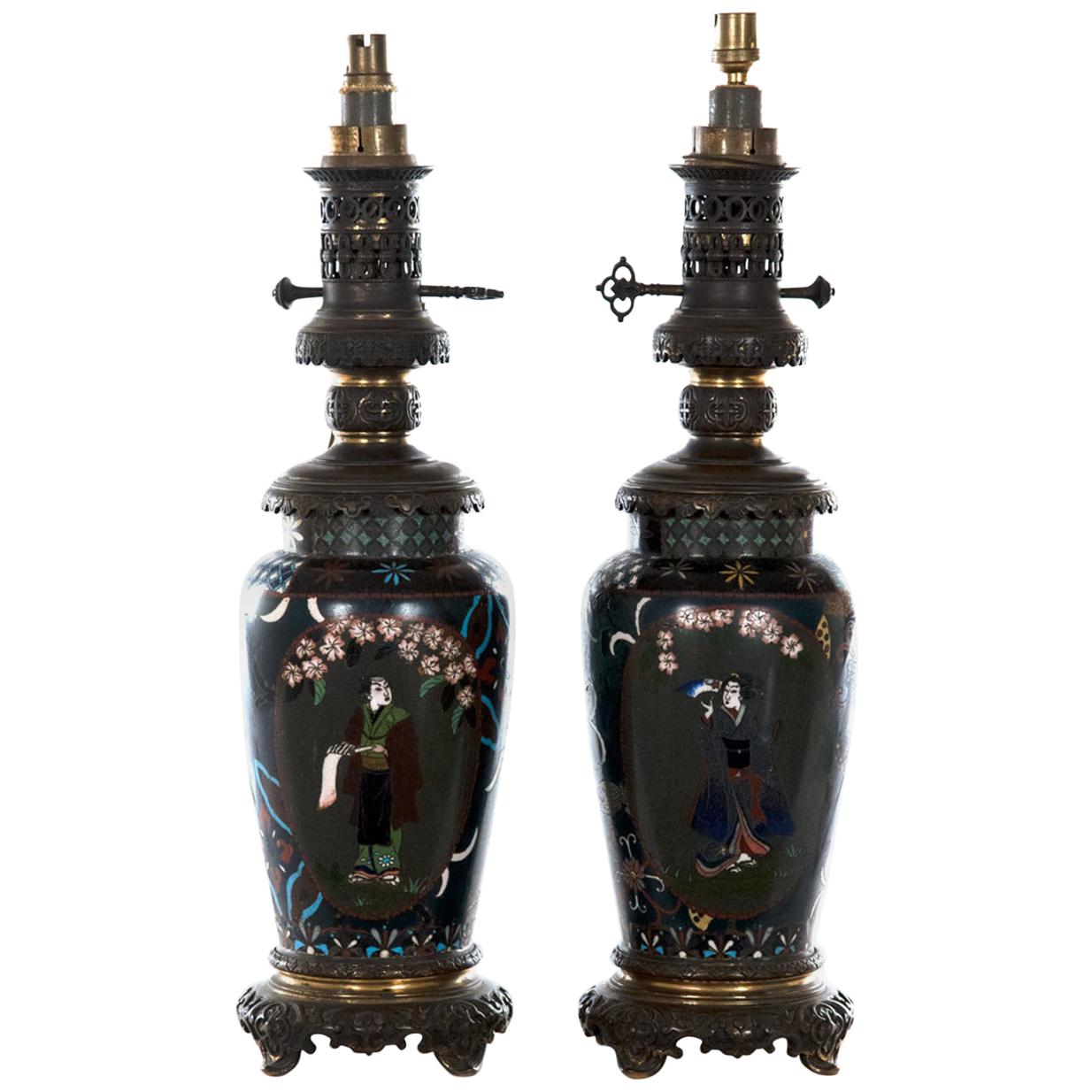 Pair of Meiji Lamped Champlevé Baluster Vases, circa 1885 For Sale