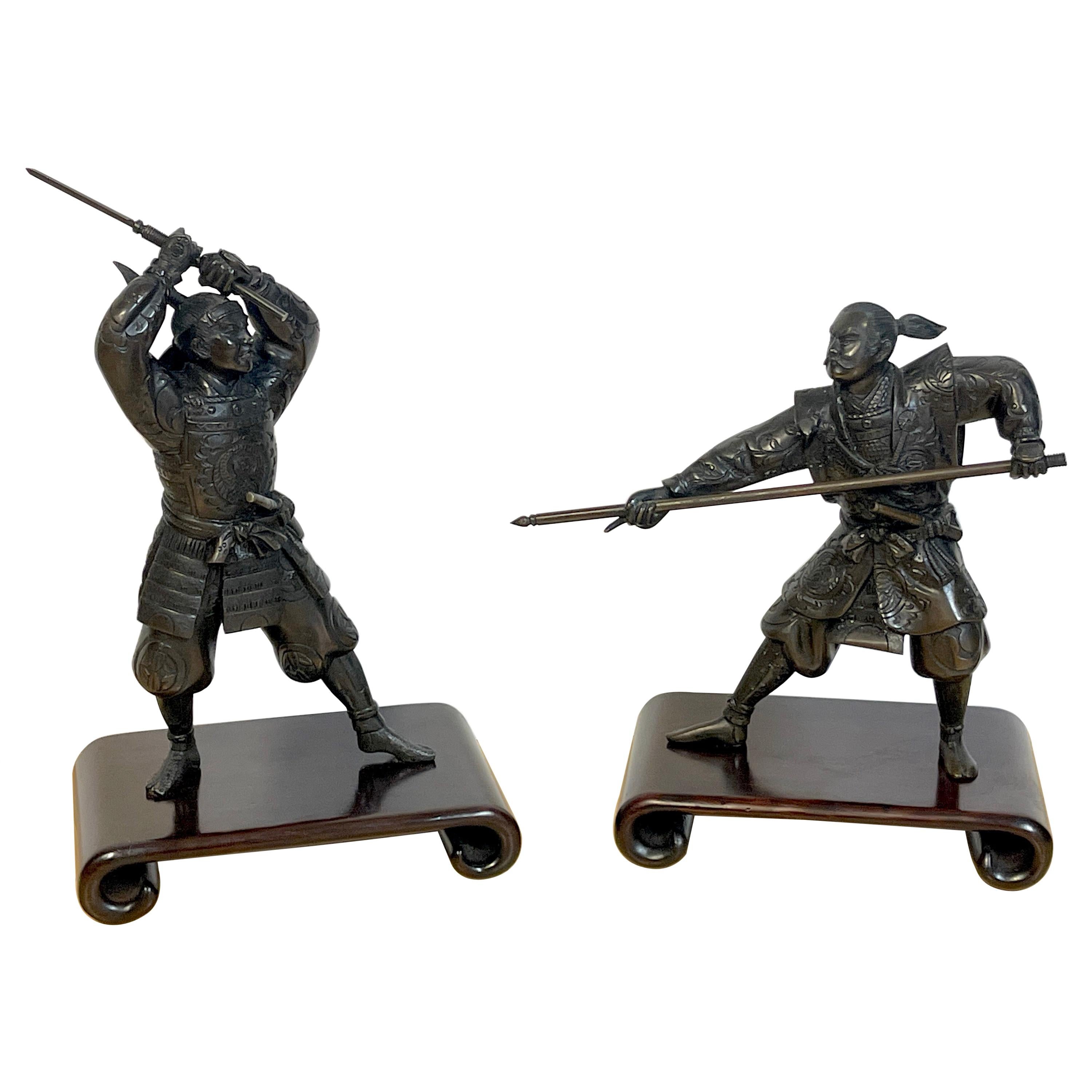 Pair of Meiji Style Japanese Hayabusa Bronze Samurai Warrior Statues