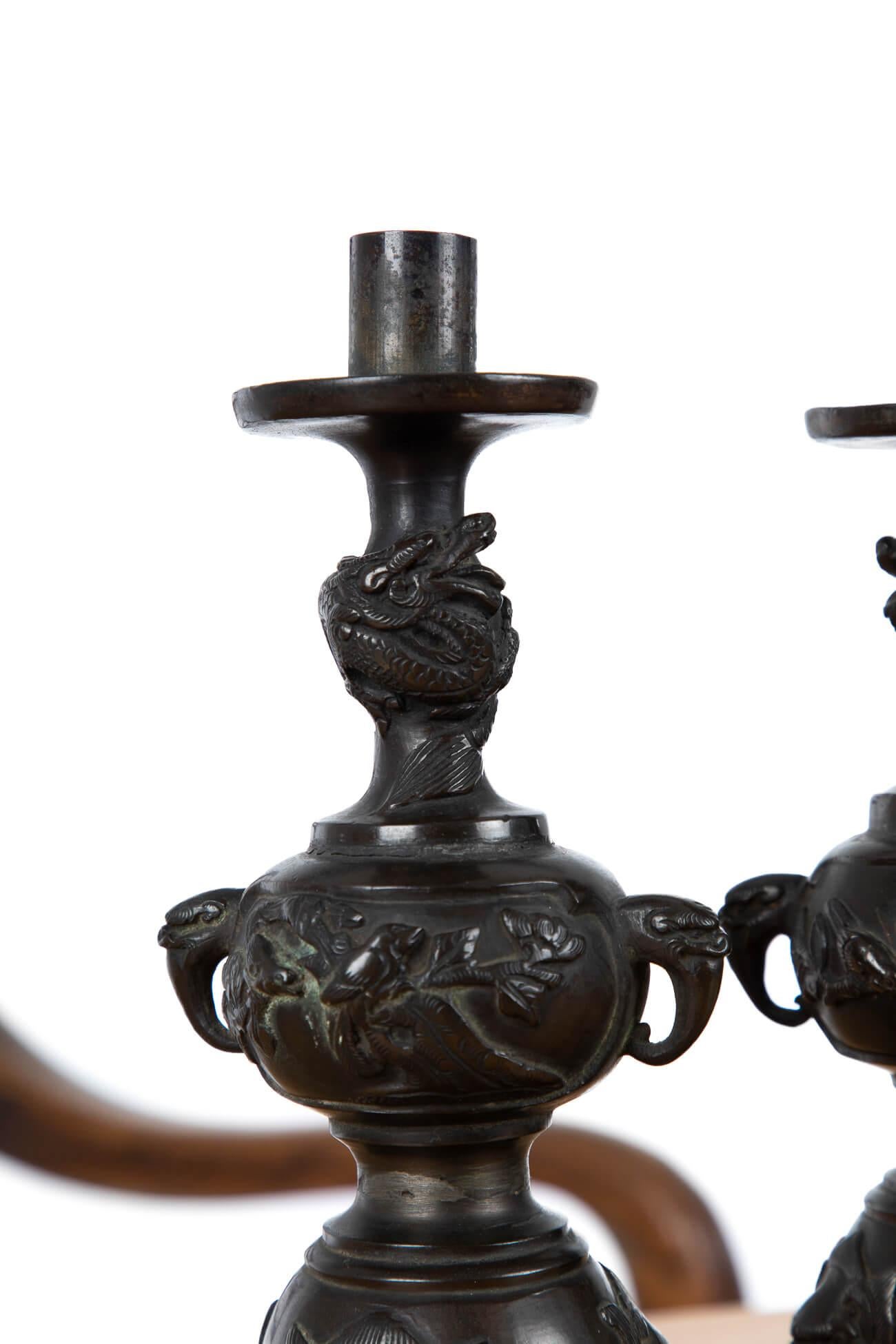 Anglo-Japanese Pair of Meiji Period Japanese Bronze Candlesticks, circa 1870 For Sale