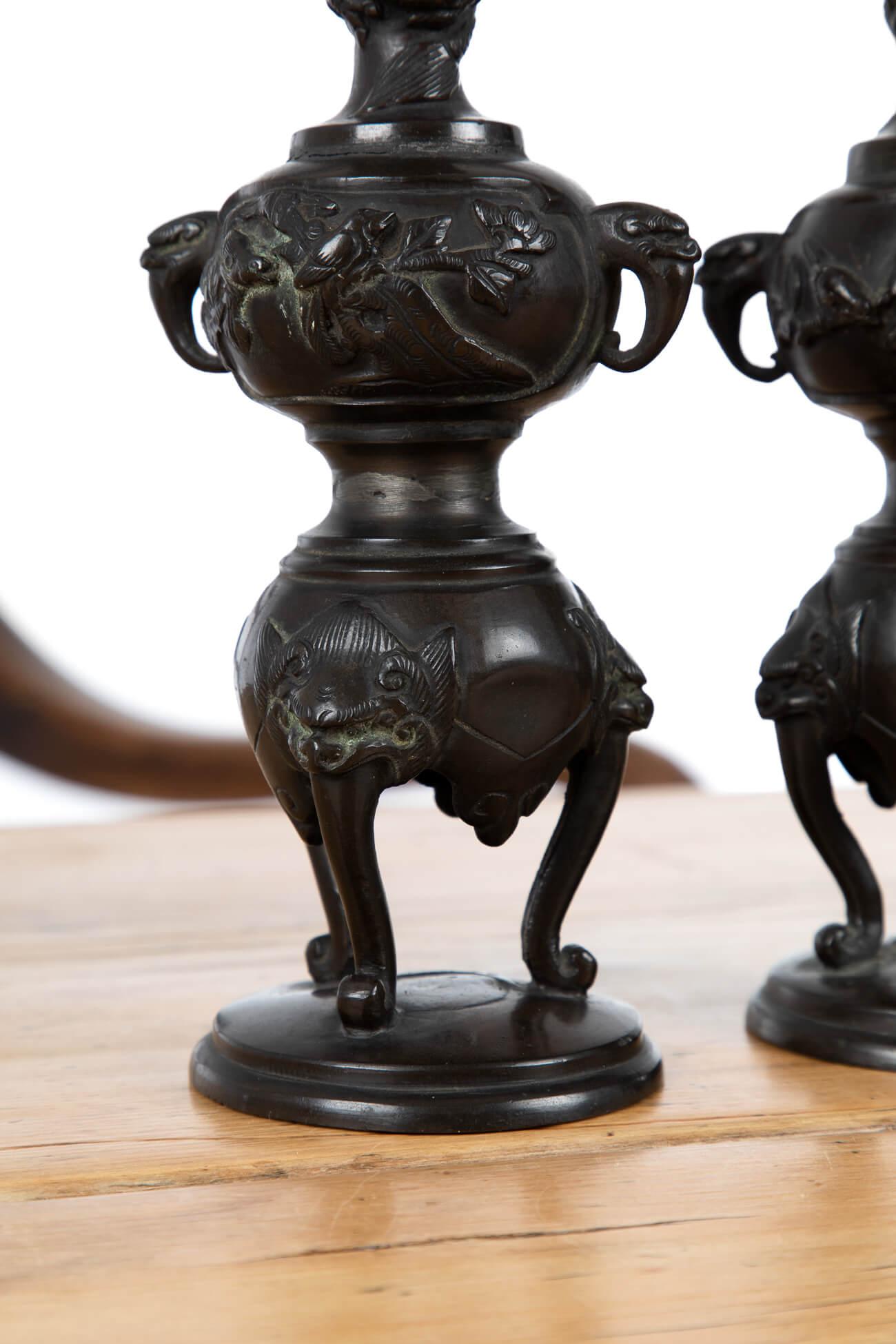 Pair of Meiji Period Japanese Bronze Candlesticks, circa 1870 In Good Condition For Sale In Faversham, GB
