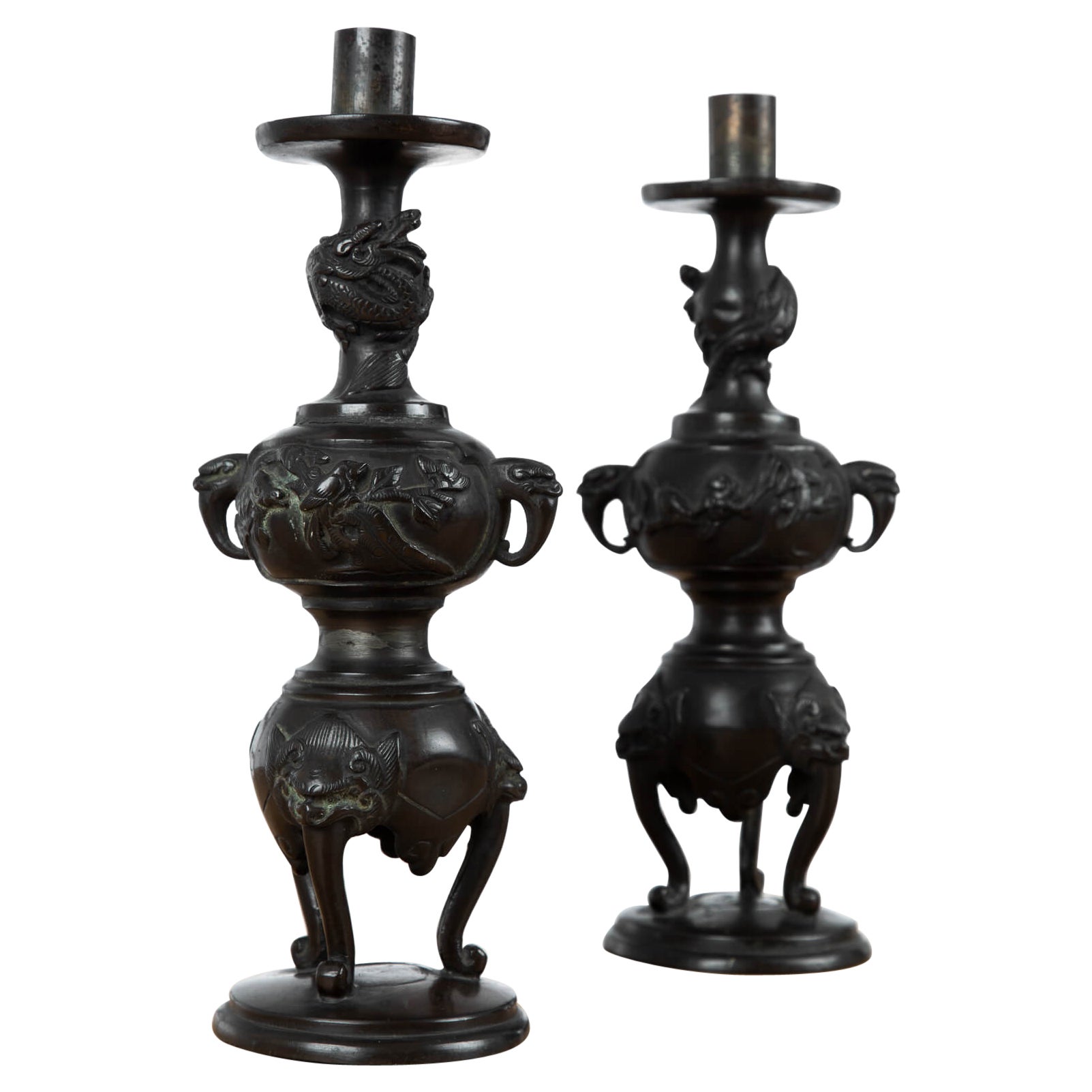 Pair of Meiji Period Japanese Bronze Candlesticks, circa 1870