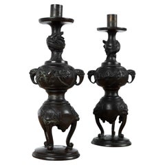 Antique Pair of Meiji Period Japanese Bronze Candlesticks, circa 1870