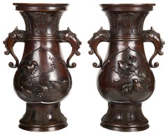 Pair of Meiji Period Japanese Bronze Vases / Lamps