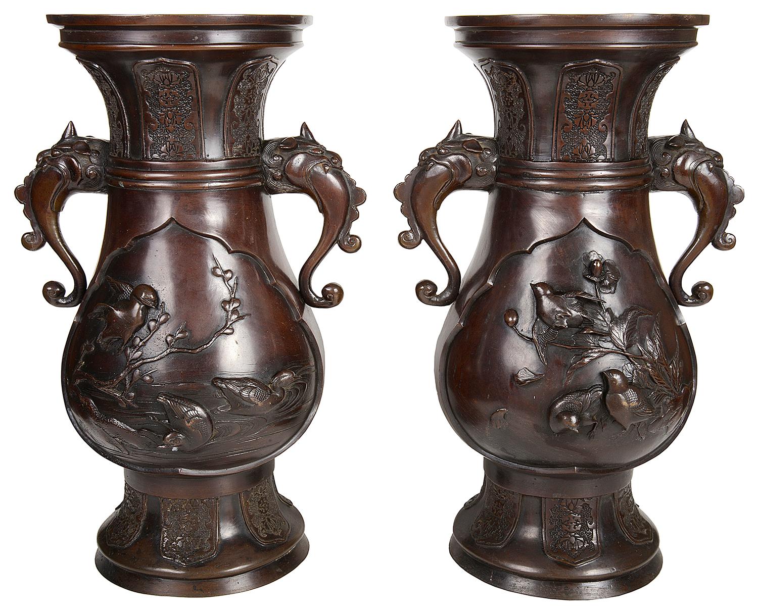 Cast Pair of Meiji Period Japanese Bronze Vases / Lamps For Sale