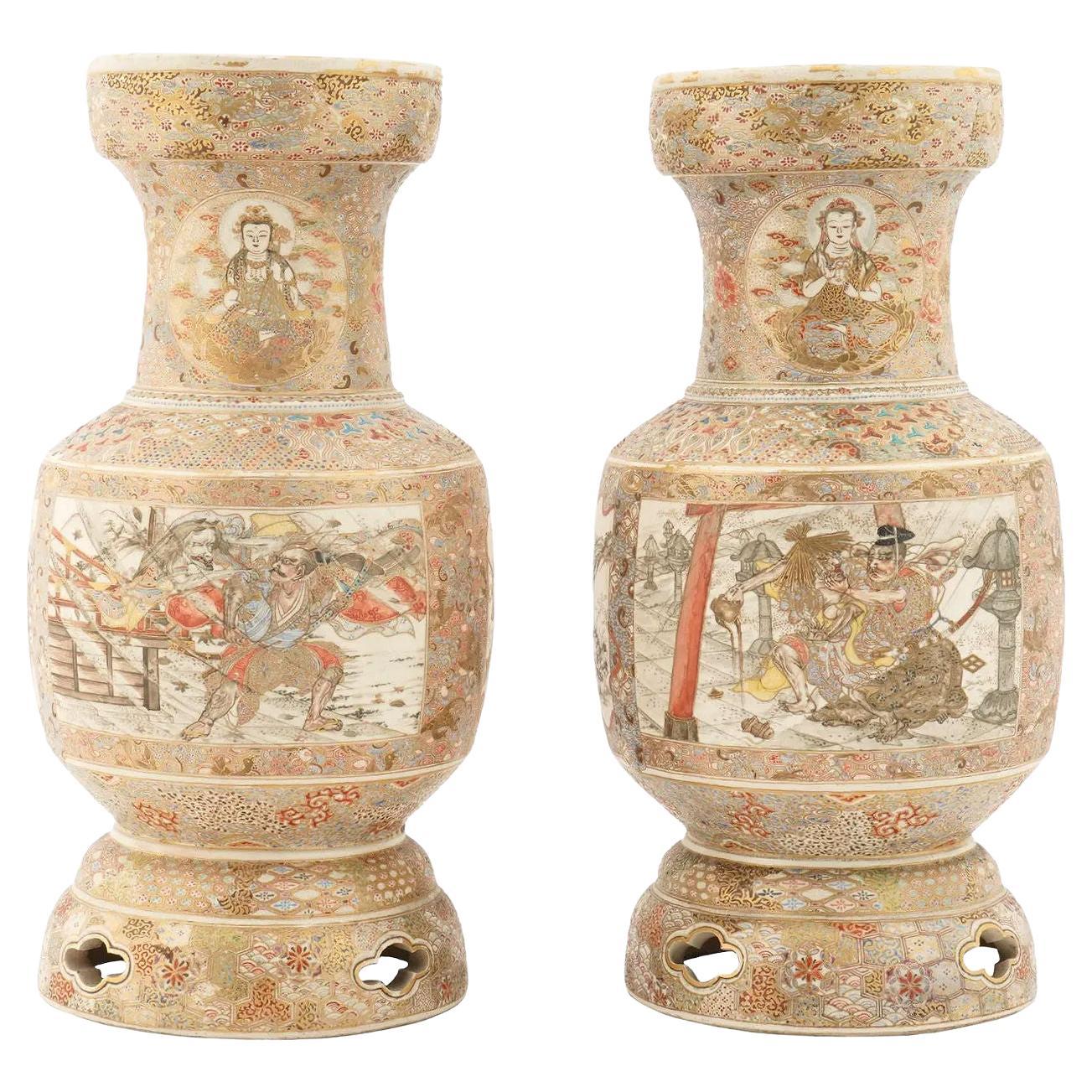 Pair of Meiji Period Japanese Satsuma Vases For Sale