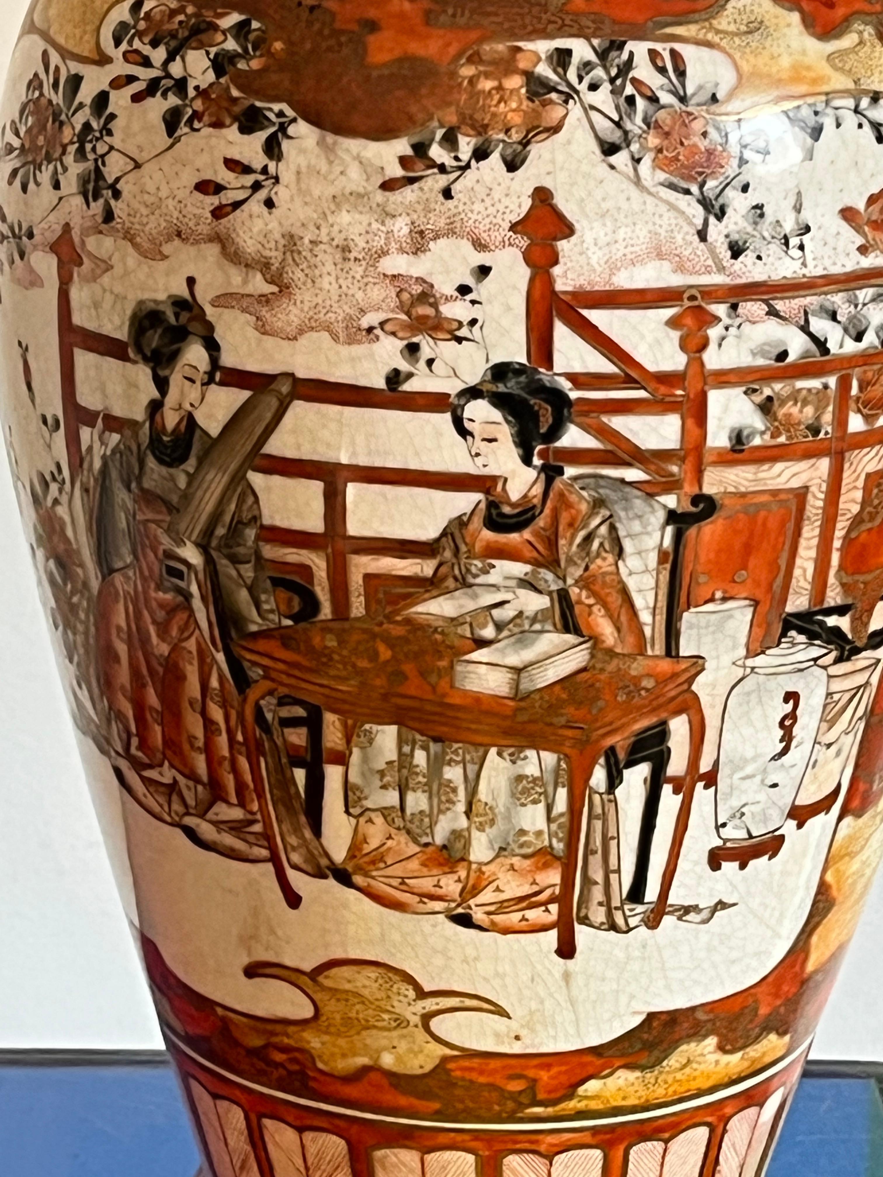 Hand-Painted Pair of Meiji Period Kutani Vases For Sale