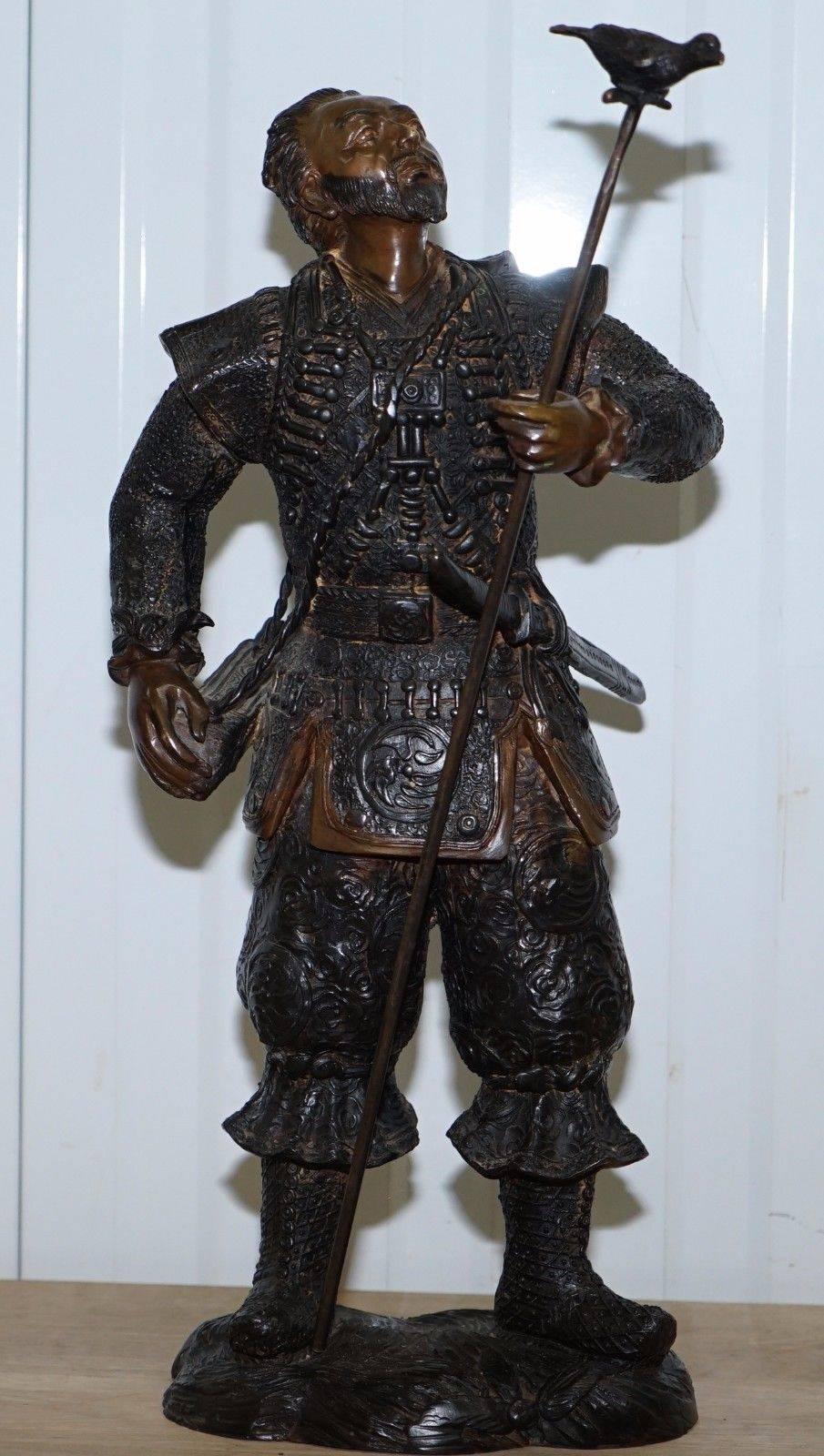 Pair of Meiji Style Japanese Hayabusa Bronze Samurai Warrior Statues