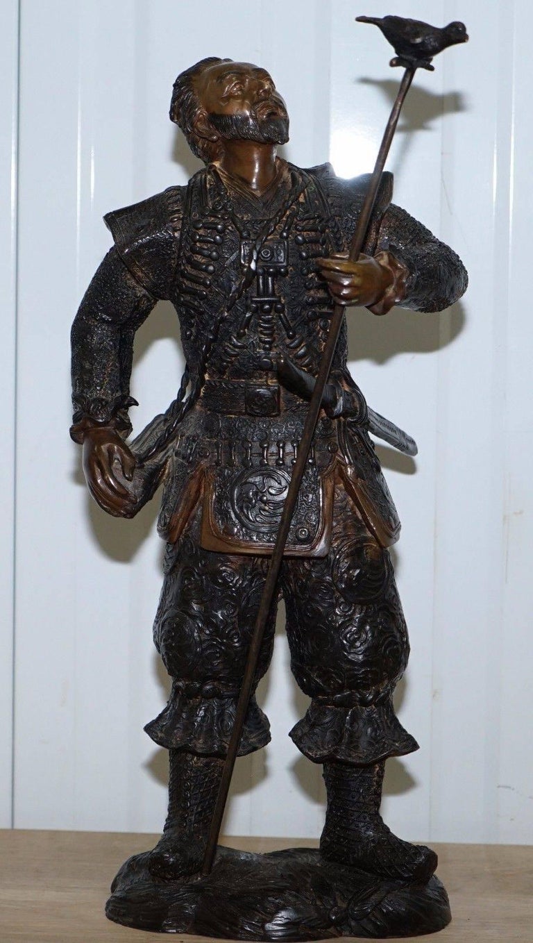 Pair of Meiji Style Japanese Hayabusa Bronze Samurai Warrior Statues