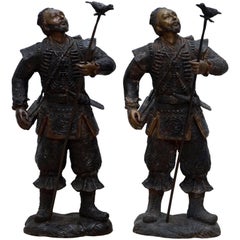 Pair of Meiji Style Japanese Hayabusa Bronze Samurai Warrior Statues