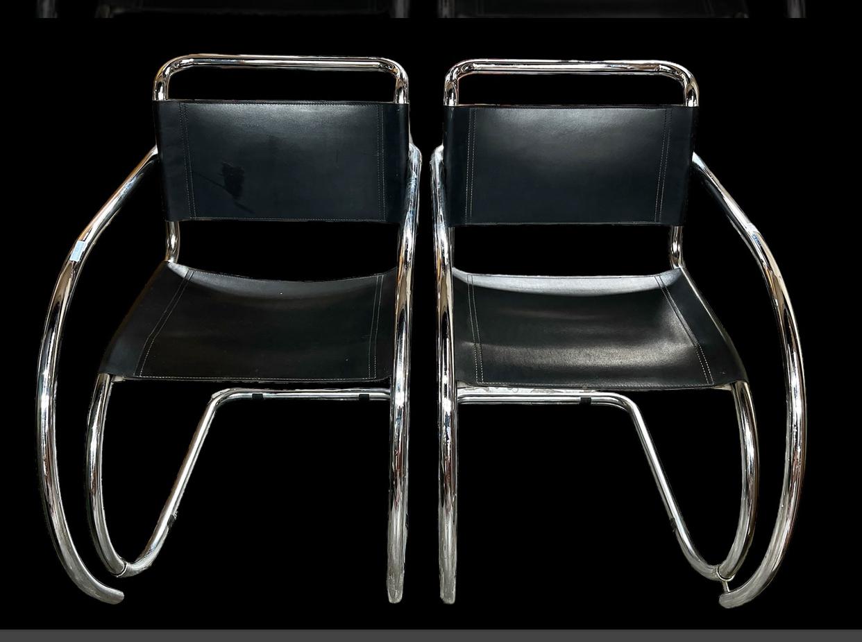 Steel Pair of Mies Van Der Rohe MR20 Chrome and Leather Chairs. For Sale