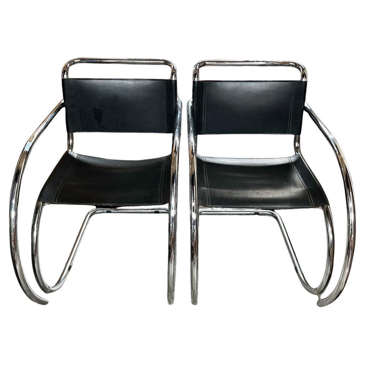 Pair of Mies Van Der Rohe MR20 Chrome and Leather Chairs. For Sale
