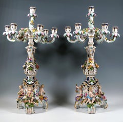 Pair Of Meissen Ceremonial Candelabra With Sculptured Cupids & Flowers, Ca 1850