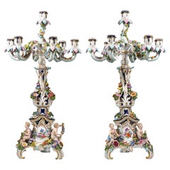 Pair Of Meissen Ceremonial Candelabra With Sculptured Cupids & Flowers, Ca 1850