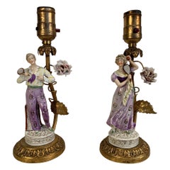Antique Pair of Meissen Era Figural Tennis Lamps