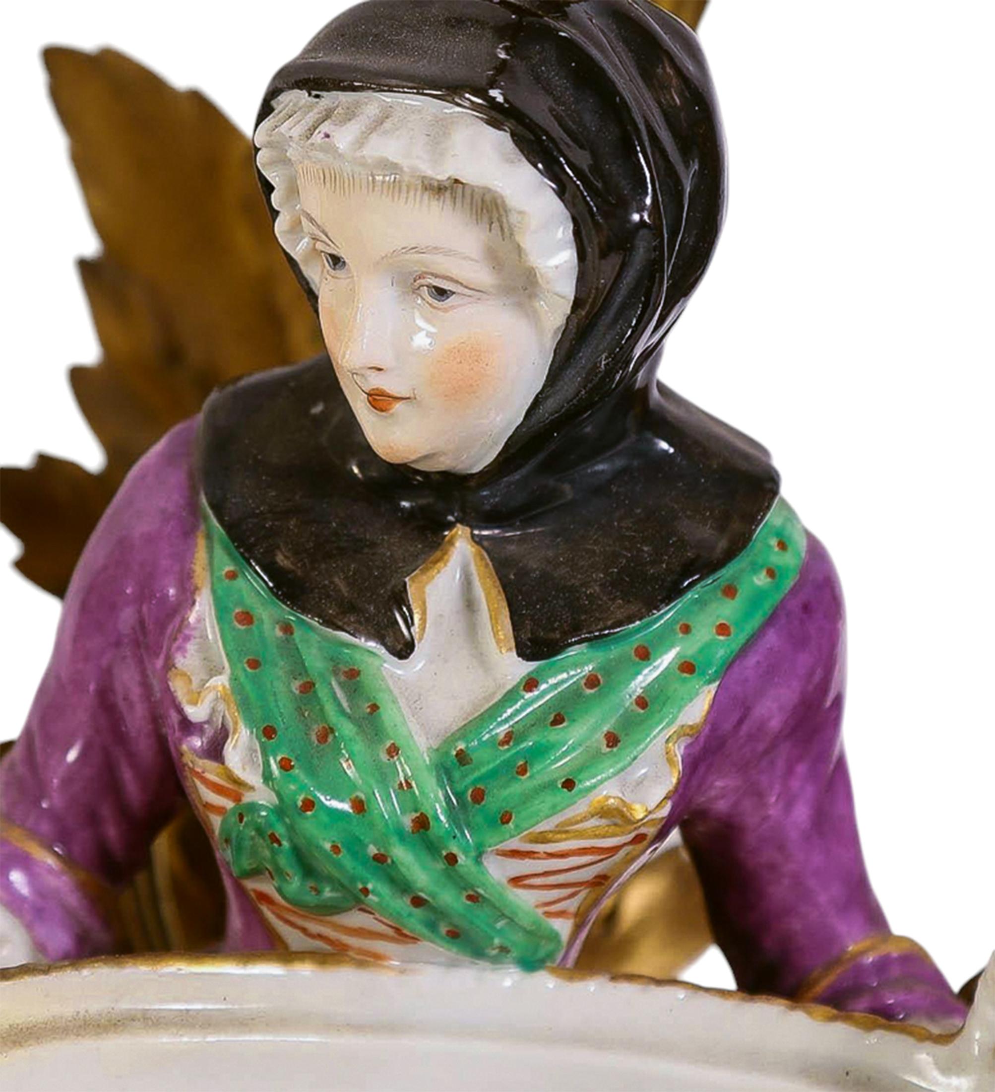 Cast Pair of Meissen Figures Mounted as Rococo Ormolu Candelabras For Sale
