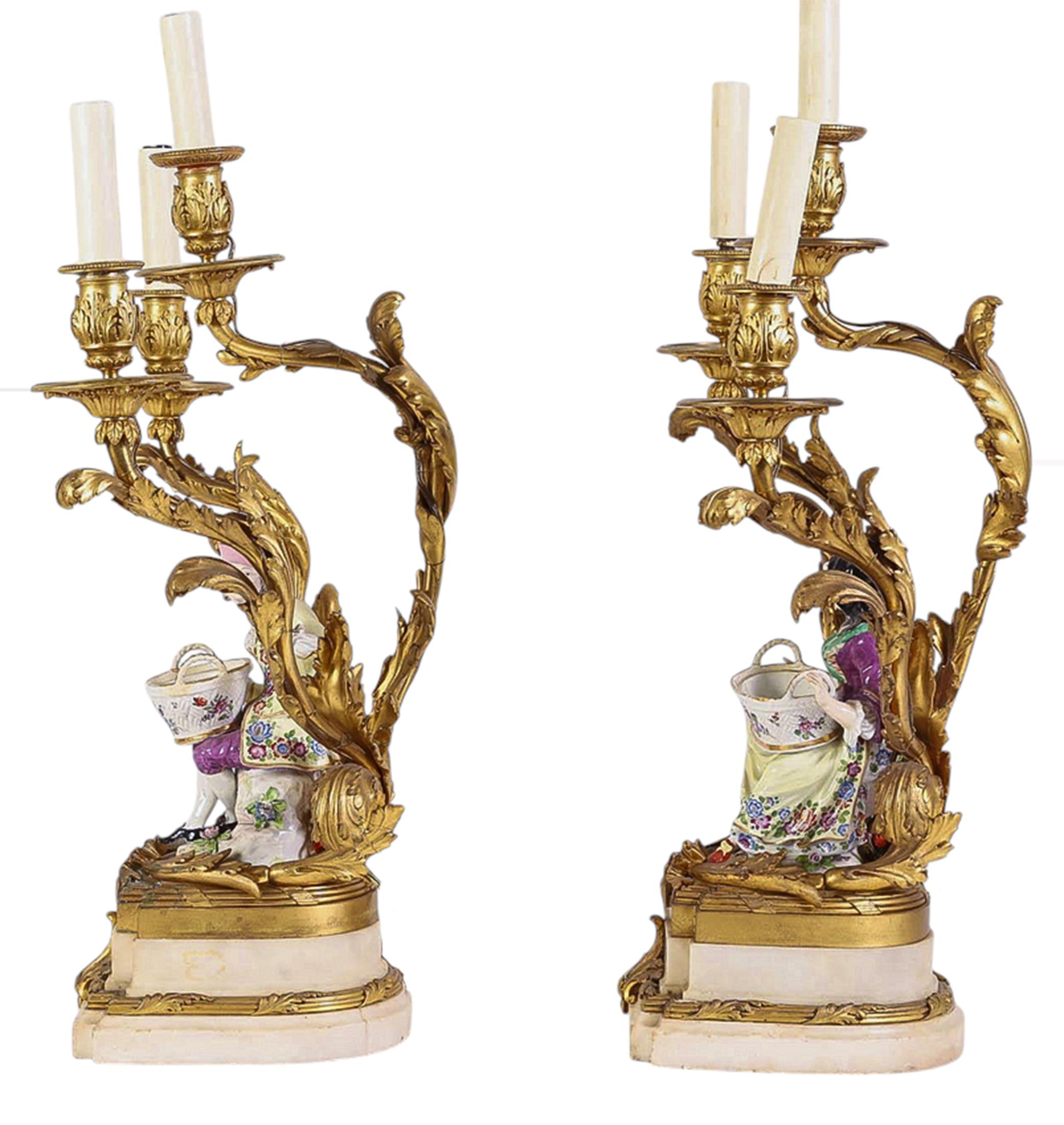 19th Century Pair of Meissen Figures Mounted as Rococo Ormolu Candelabras For Sale