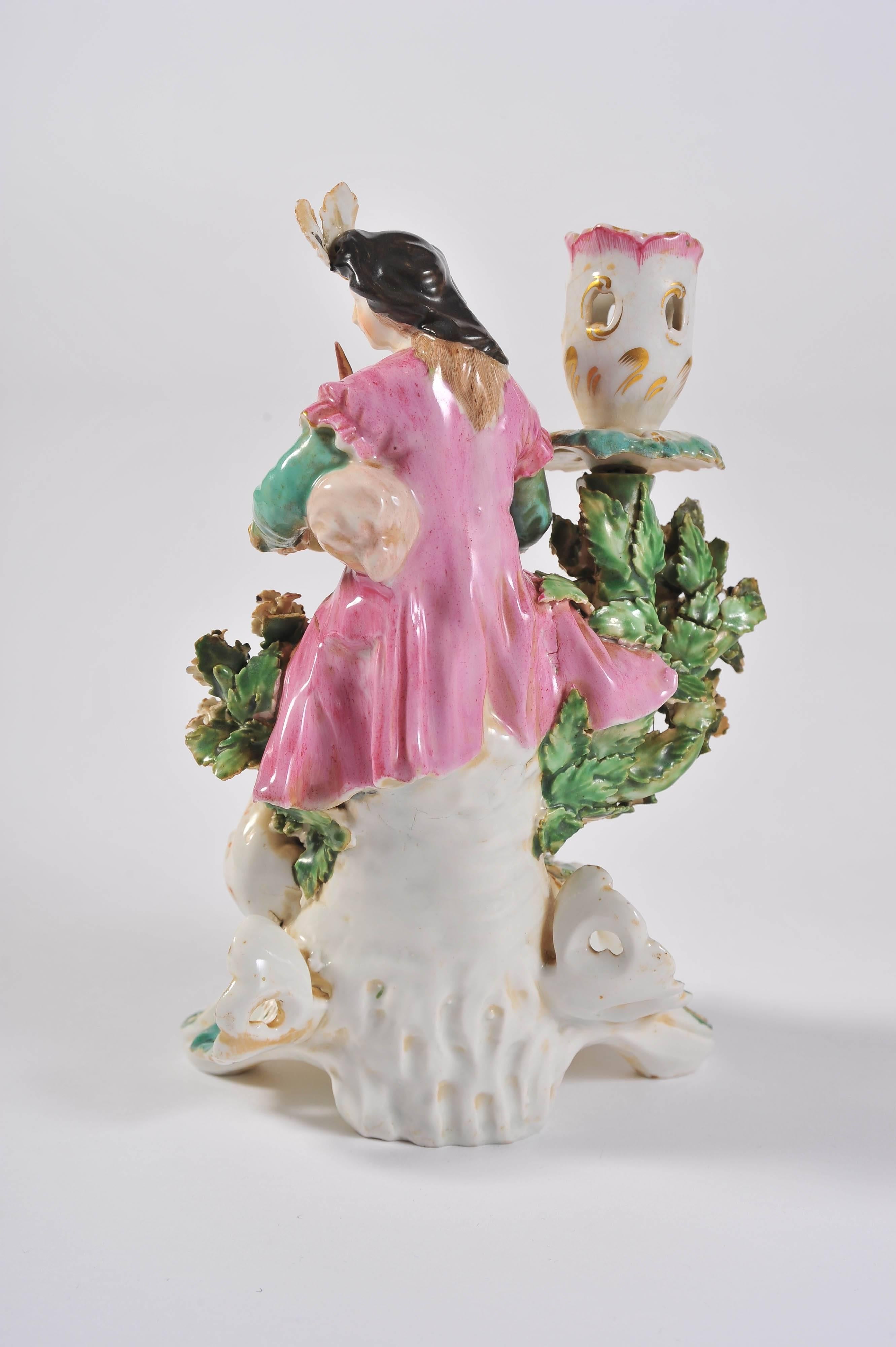 Mid-19th Century Pair of Meissen Figurines with Candleholders, Boy and Girl Bright Colors
