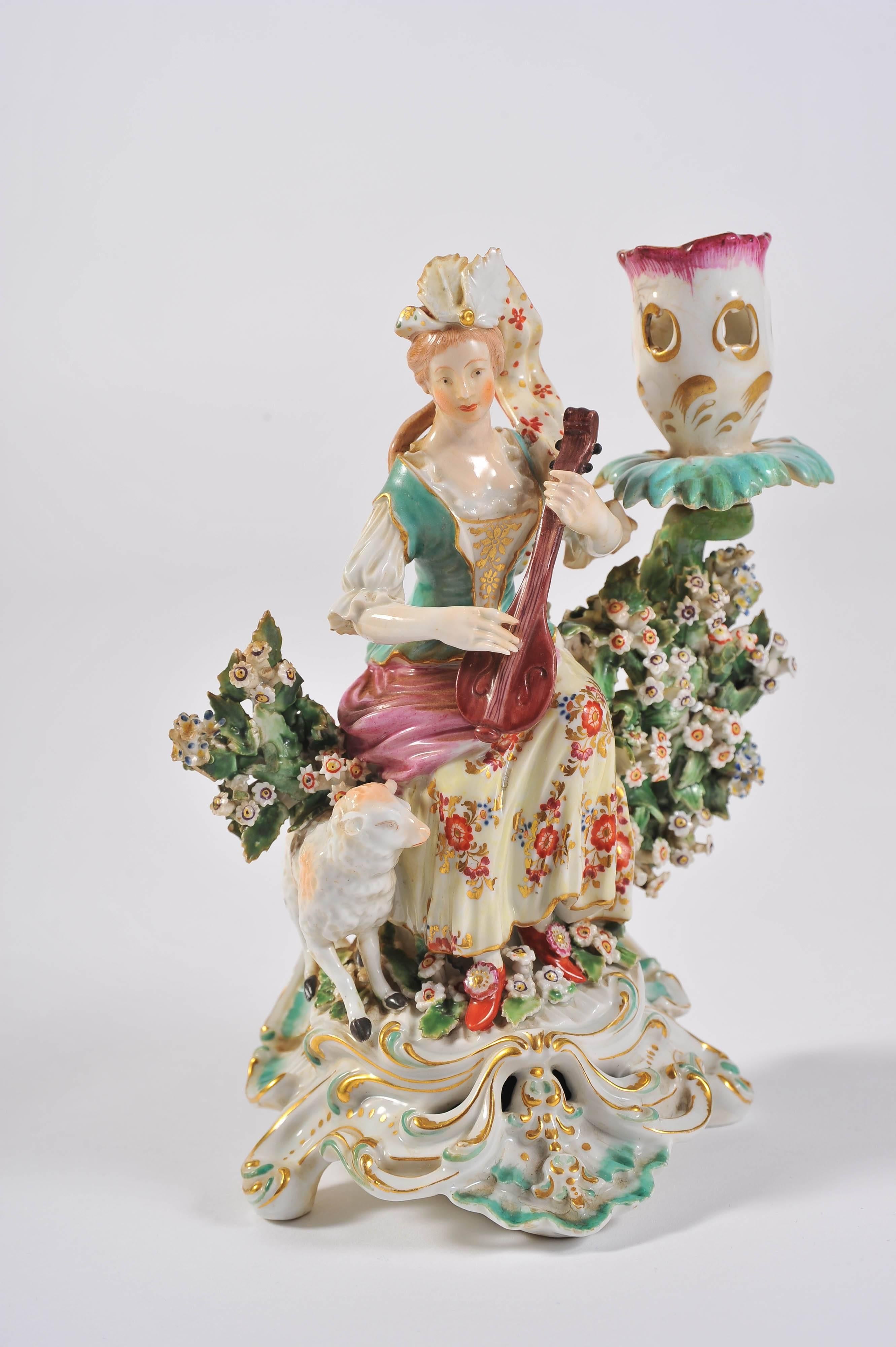 Porcelain Pair of Meissen Figurines with Candleholders, Boy and Girl Bright Colors